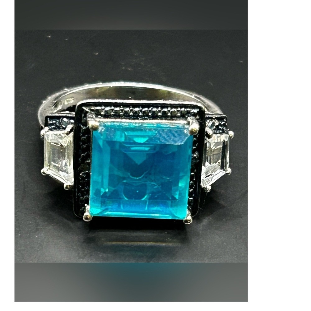 STS 925 Sterling Silver Teal Blue Topaz Black‎ Spinel Statement Ring Size 10.5